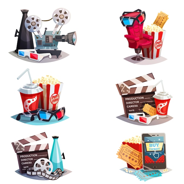 Vetor grátis conjunto de conceitos de design de cinema 3d dos desenhos animados