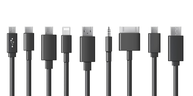 Vetor grátis conjunto de conectores e plugues de cabos usb carregadores de portas de cabo tipos de coleção de cabos de telefone celular de fios de conexão de smartphone preto sobre fundo branco