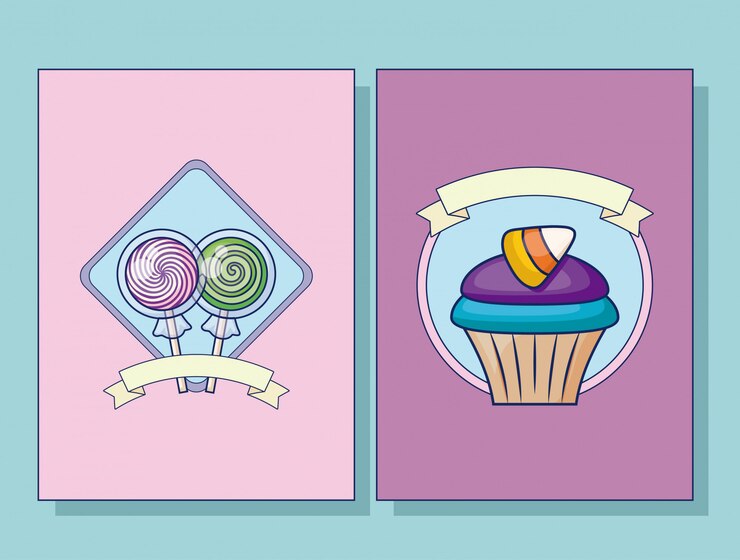 Vetor grátis conjunto de conjunto de cartão de pirulitos doces e cupcake