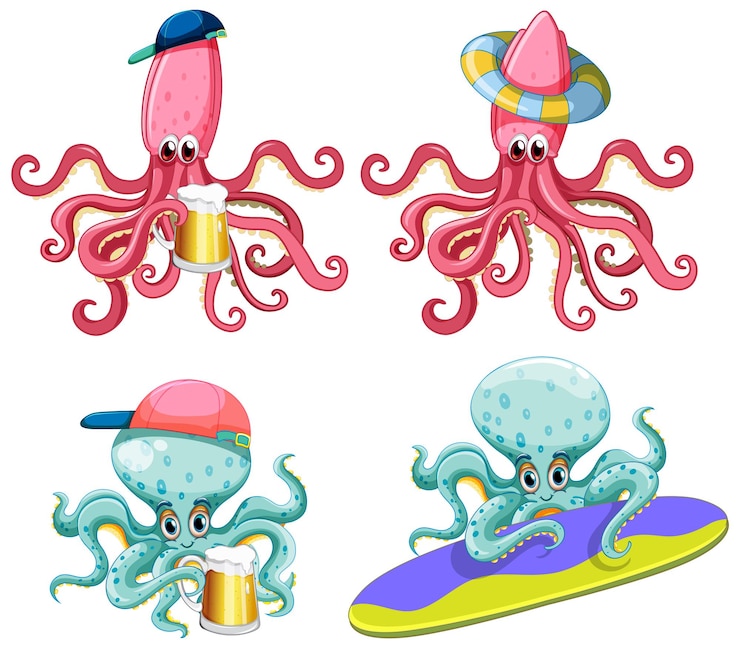 Vetor grátis conjunto de conjunto de personagens de desenhos animados de lula e polvo