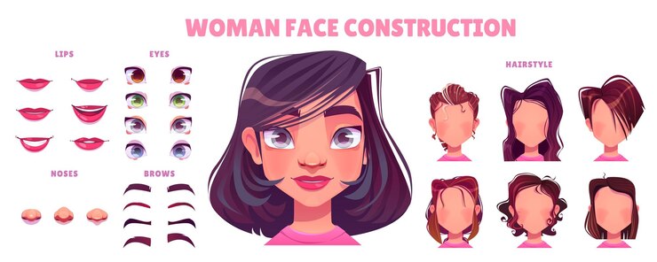 Vetor grátis conjunto de construção de avatar de personagem de rosto de mulher
