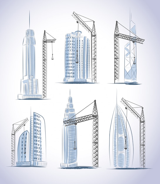 Vetor grátis conjunto de construção de edifícios de arranha-céus