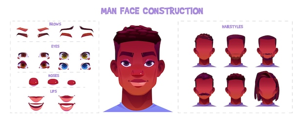 Vetor grátis conjunto de construtor de rosto masculino afro-americano