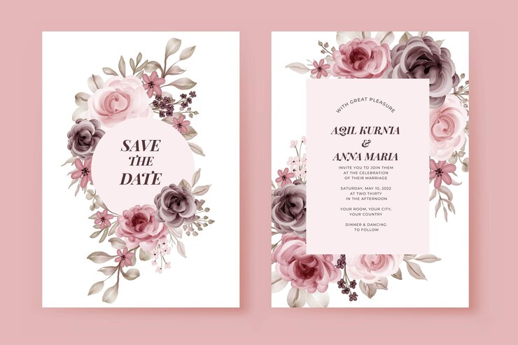 Vetor grátis conjunto de convite de casamento de luxo modelo de flor rosa
