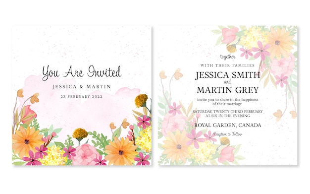 Vetor grátis conjunto de convite de casamento floral com fundo de flores em aquarela