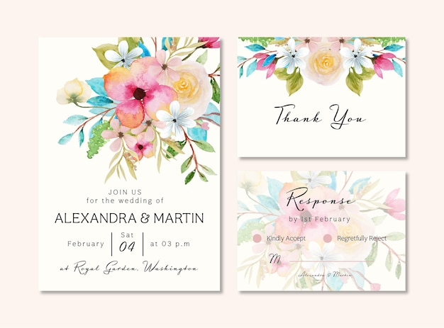 Conjunto de convite de casamento floral em aquarela colorida