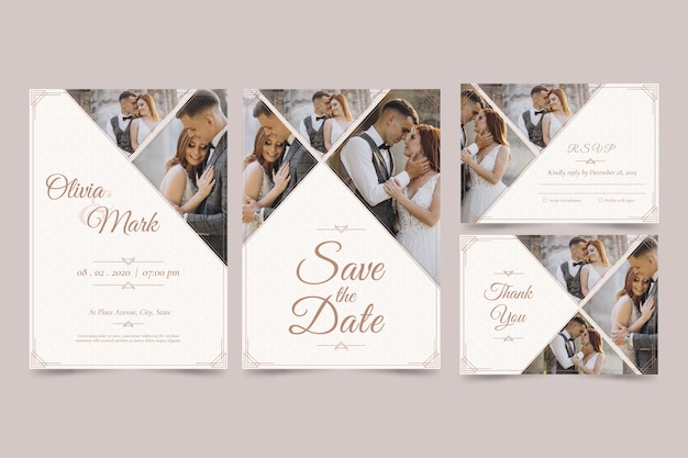 Conjunto de convite de casamento moderno com salvar a data