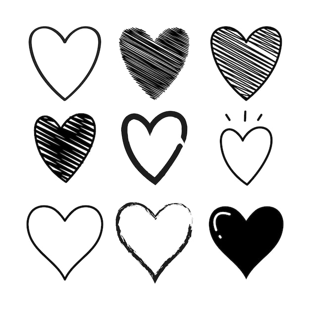 Conjunto de corações de doodle de vários estilos