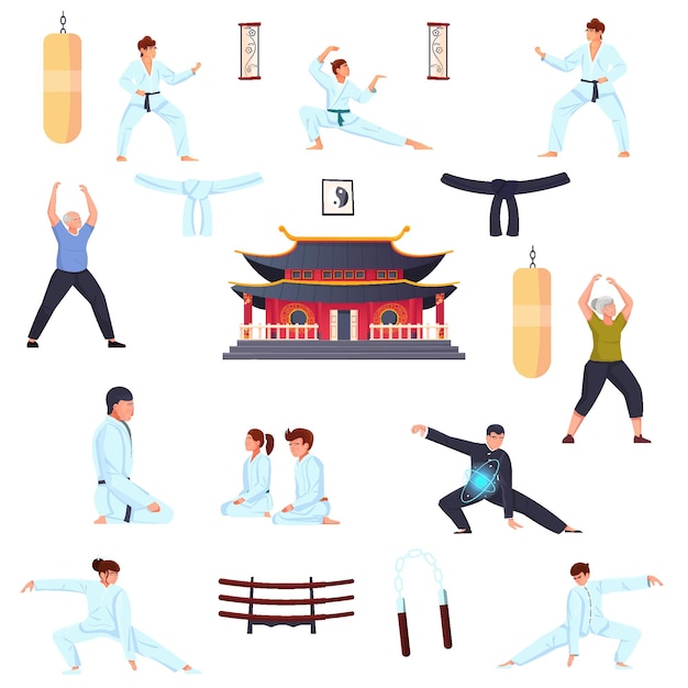 Vetor grátis conjunto de cores de artes marciais de pessoas executando exercícios físicos e práticas espirituais orientais isoladas em ilustração vetorial plana de fundo branco