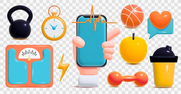Vetor grátis conjunto de cores de desenhos animados de fitness com cronômetro de barra de basquete de maçã de escalas isolado em ilustração vetorial de fundo transparente