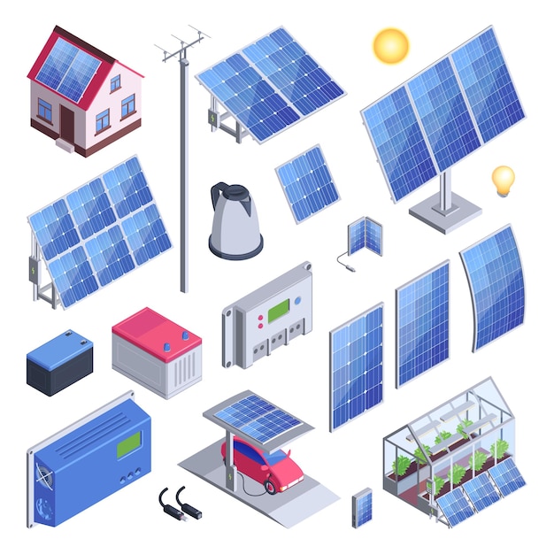 Conjunto de cores de energia solar de casa ecológica e estufa com painéis solares controlador de contador de carro elétrico ilustração vetorial de ícones isolados