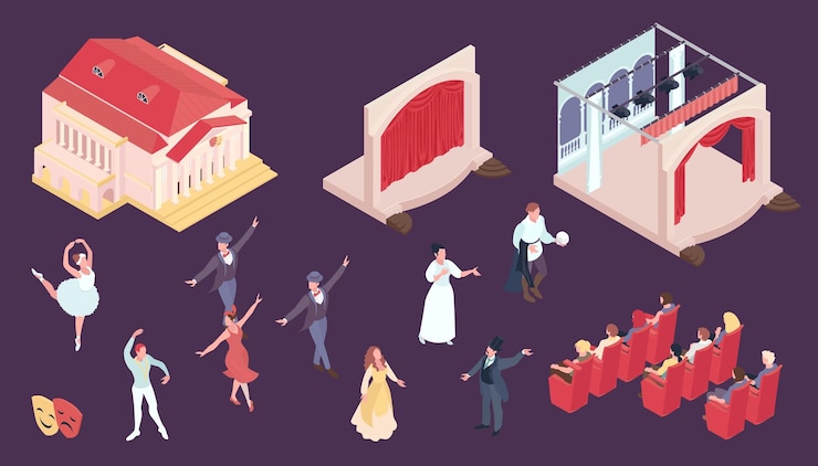 Vetor grátis conjunto de cores de teatro com ilustração vetorial isométrica de símbolos de desempenho