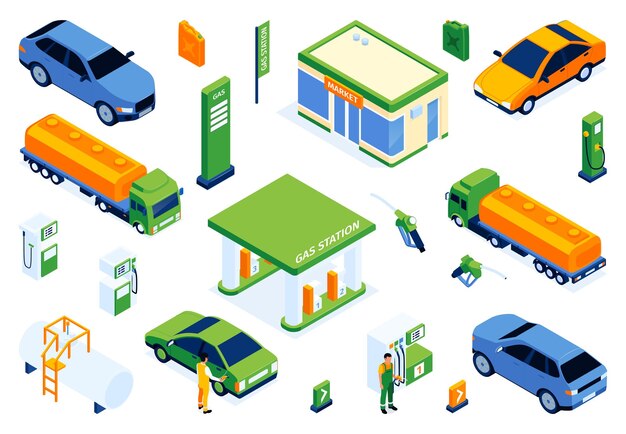 Conjunto de cores isométricas de postos de gasolina com ícones isolados de carros e caminhões-tanque com ilustração vetorial de carrinhos de gasolina