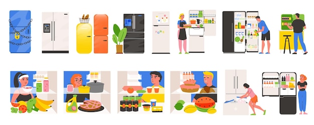 Vetor grátis conjunto de cores planas de geladeira de pessoas cozinhando na cozinha de casa usando produtos armazenados em armários de refrigeração ilustração vetorial isolada
