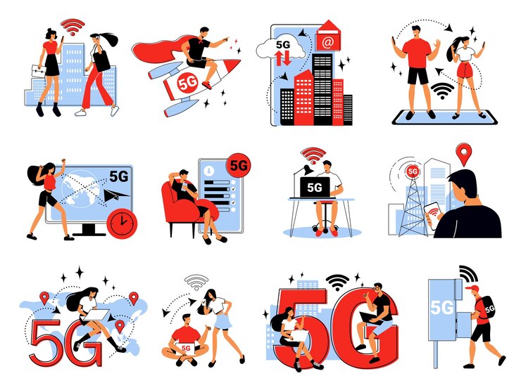 Vetor grátis conjunto de cores planas de internet 5g com personagens humanos e gadgets isolados na ilustração vetorial de fundo branco