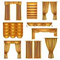 Vetor grátis conjunto de cortinas de luxo realista ouro de várias cortinas com elementos decorativos isolados