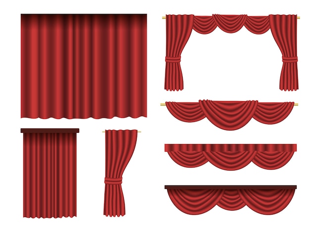 Conjunto de cortinas feitas de tecido vermelho cartoon ilustração vetorial. coleção de cortinas de luxo e cortinas de palco, cinema ou ópera. decoração de capa de casamento, bordas teatrais em fundo branco