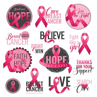 Conjunto de crachás de conscientização do câncer de mama com fitas cor de rosa