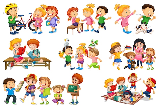 Conjunto de criança diferente brincando com seu personagem de desenho animado de brinquedos isolado no fundo branco