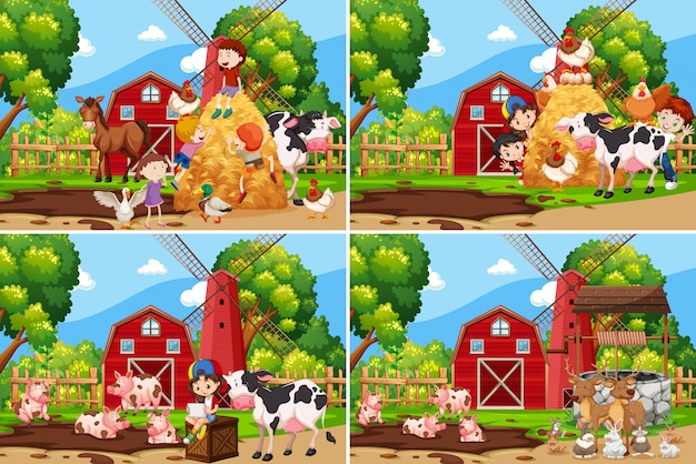 Conjunto de crianças brincando na fazenda