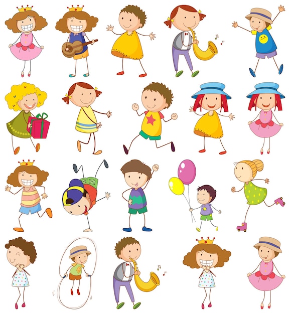 Vetor grátis conjunto de crianças diferentes em estilo doodle