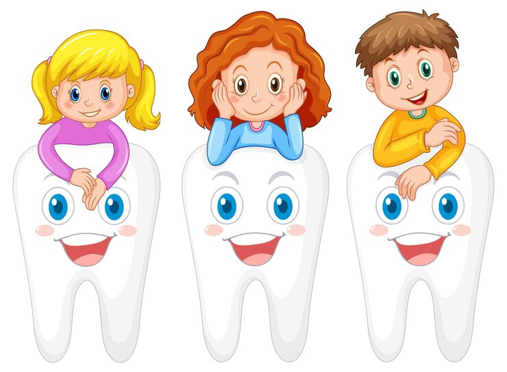 Vetor grátis conjunto de crianças felizes abraçando um dente grande no fundo branco