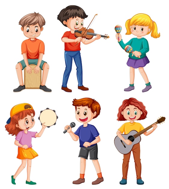 Vetor grátis conjunto de crianças tocando instrumento musical diferente