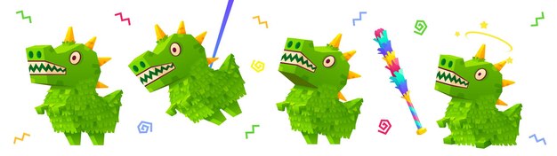 Vetor grátis conjunto de desenho animado de dinossauro verde piñata e morcego