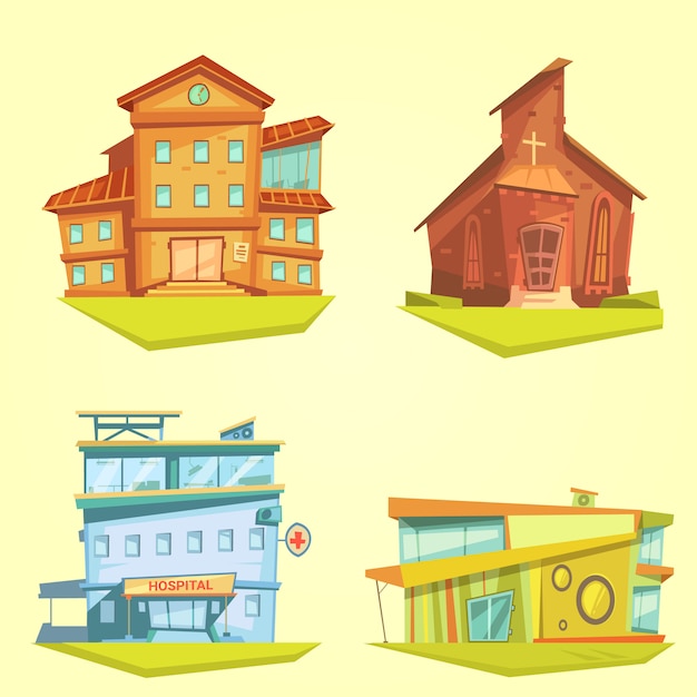 Vetor grátis conjunto de desenho de edifício com igreja de hospital e escola em fundo amarelo