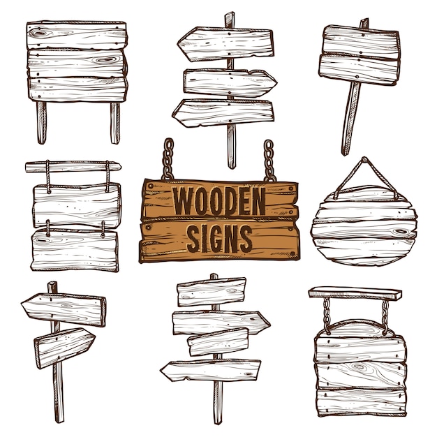 Vetor grátis conjunto de desenho de sinais de madeira