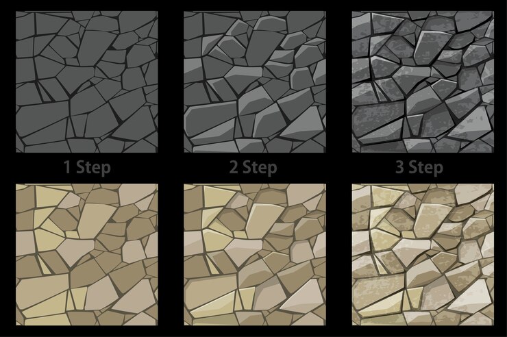 Vetor grátis conjunto de desenho passo a passo de pedra de textura perfeita.