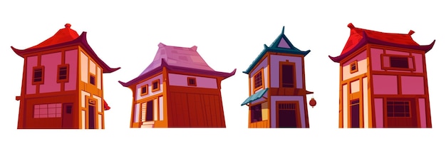 Conjunto de desenhos animados de casas chinesas isoladas no fundo branco ilustração vetorial da loja de construção de templos de arquitetura asiática tradicional com lanternas de papel vermelho elementos de design de rua da cidade de china