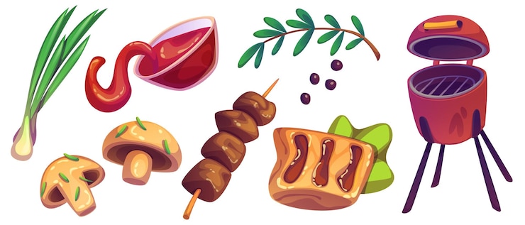 Vetor grátis conjunto de desenhos animados de churrasco com itens grelhados