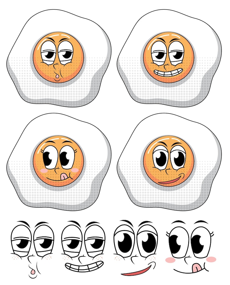 Vetor grátis conjunto de desenhos animados de estilo vintage de expressão facial com ovo frito na