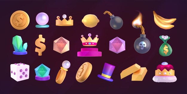 Conjunto de desenhos animados de ícones de jogos de slot, coleção de cassino