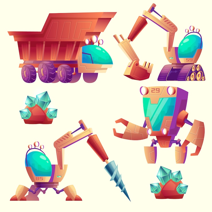Vetor grátis conjunto de desenhos animados de máquinas de mineração para outros planetas, dispositivos futuristas.