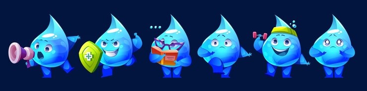 Vetor grátis conjunto de desenhos animados de mascotes de gota de água com diferentes emoções ilustração em vetor de gotículas de aqua bonitos falando em megafone protegendo com escudo lendo livro assustado exercitando com haltere triste