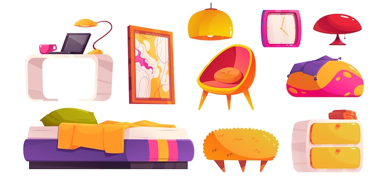 Vetor grátis conjunto de desenhos animados de móveis de quarto descolados