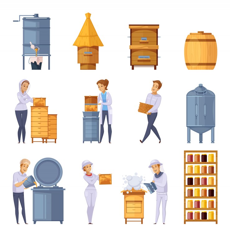 Vetor grátis conjunto de desenhos animados de produção de mel de apiário