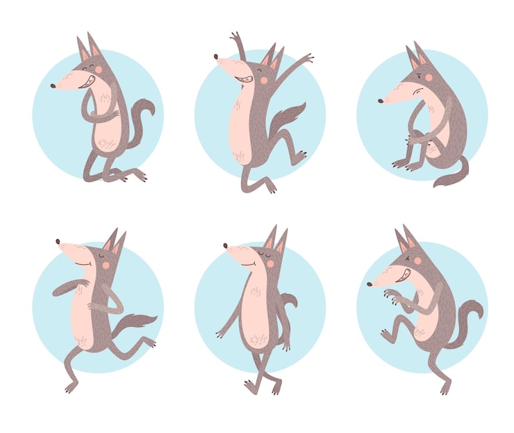 Vetor grátis conjunto de desenhos animados do personagem lobo em diferentes poses ilustração vetorial isolada