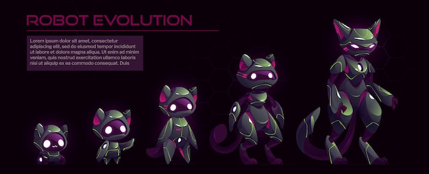 Vetor grátis conjunto de desenhos animados dos níveis de evolução do robô gato ilustração vetorial do progresso futurista do personagem ai, de gatinho com rodas a ciborgue animal com rosto de tela de cauda de patas com olhos de led desenvolvimento tecnológico