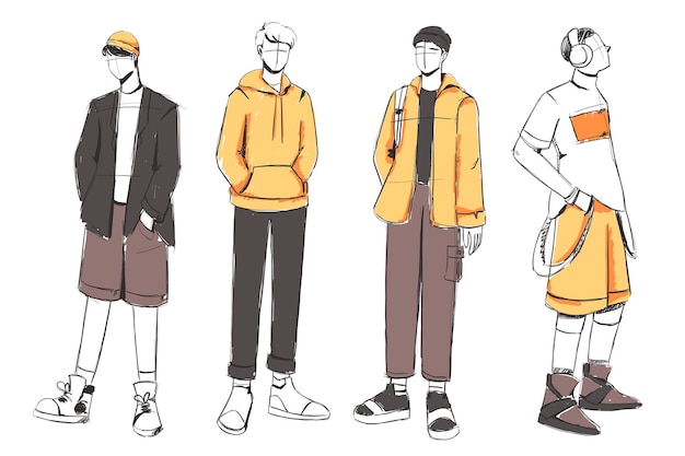 Conjunto de desenhos de looks da moda masculina, diversos e estilosos