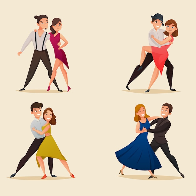 Conjunto de desenhos retrô de pares de dança