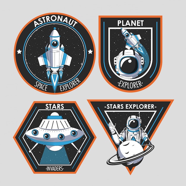 Vetor grátis conjunto de design de emblemas de patches de explorador de espaço