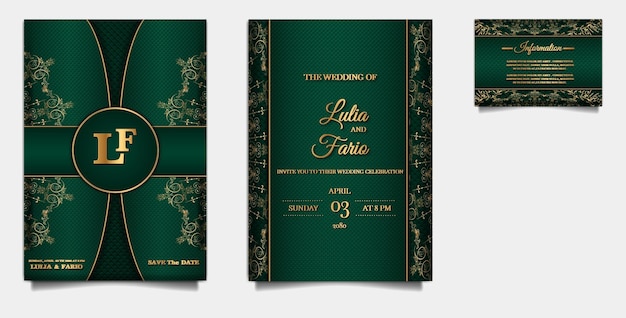 Conjunto de design de modelo em relevo de cartão de convite de casamento de luxo
