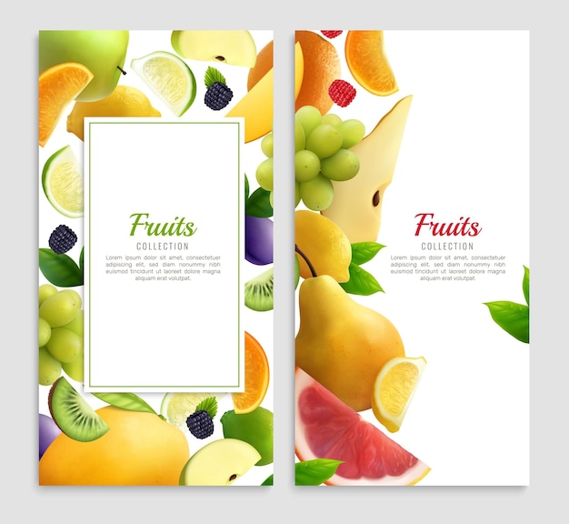 Vetor grátis conjunto de design realista de frutas de duas verticais com texto editável de quadros e ilustração de fatia de fruta