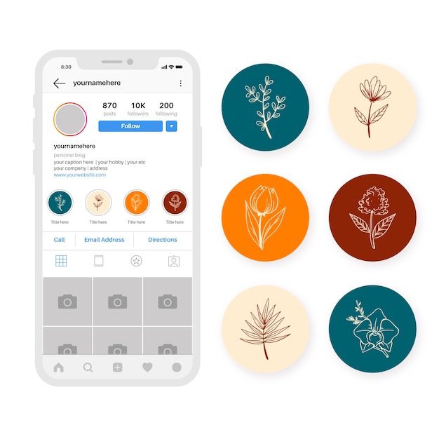 Vetor grátis conjunto de destaques de histórias florais do instagram desenhada à mão