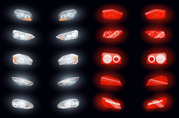 Conjunto de dez faróis auto realistas e dez luzes brilhantes de freio isolaram imagens na ilustração de fundo escuro