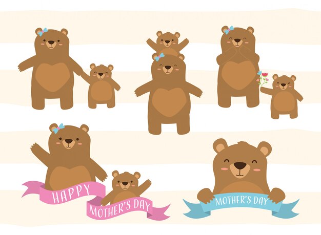 Conjunto de dia das mães feliz de mãe urso e uma pequena ilustração de urso
