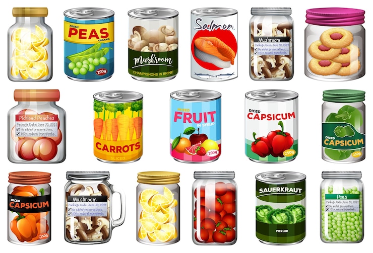 Vetor grátis conjunto de diferentes alimentos enlatados e alimentos em potes isolados